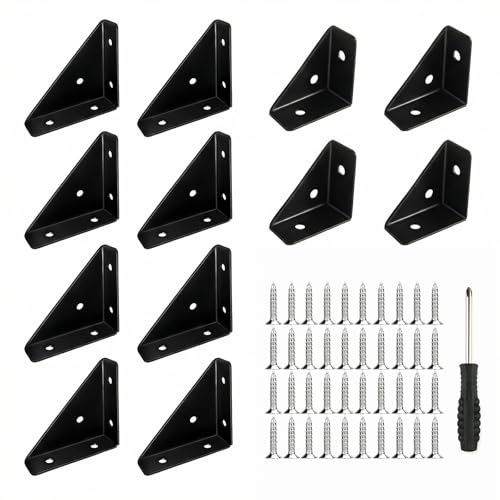 12Pcs Metal Corner Brackets for Wood4 Small,8 Large,with Screws/Screwdriver | Black Angle Corner Brackets, Triangle Bracket, Furniture Braces for Desk Bed Wood Support Fasteners