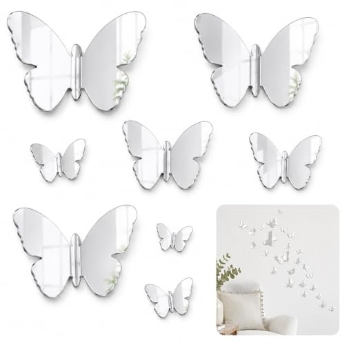 ARYIMYDP Mariposas Decorativas de Espejo 30 Unidades, Pegatinas Pared Acrílico 3D Efecto Espejo Plateado, Fáciles de Instalar sin Taladros, Renueva Salón y Dormitorio.