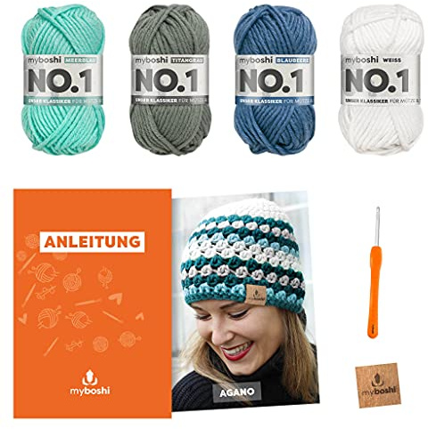 myboshi Häkelset Mütze Agano, inkl. No.1 Wolle, Nadel und Anleitung, für Mützen und Schals, Häkelpaket, 30% Merinowolle Blau, Weiß, mit Häkelnadel