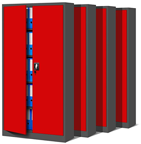 Jan Nowak 4er Set Aktenschrank C001 Metallschrank Stahlschrank Werkzeugschrank Büroschrank Lagerschrank Universalschrank Pulverbeschichtung Flügeltüren 185 cm x 90 cm x 40 cm (anthrazit/rot)