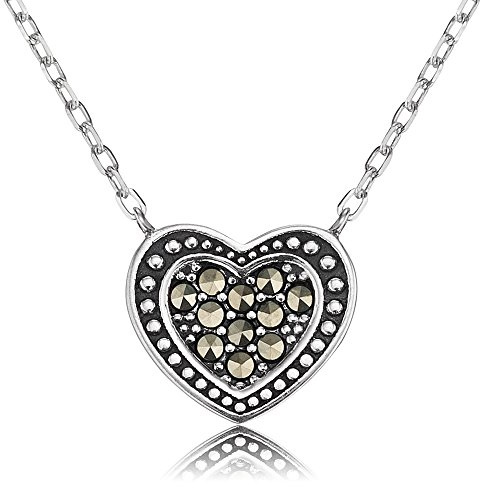 Engelsrufer Herz Kette mit Anhänger für Damen Vintage Look 925er-Sterlingsilber Markasit Länge 40 cm + 4 cm