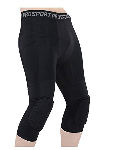 Rayauto 3/4 Capri Compression Training Pants with Honeycomb Knee Pad,Basketball Protector Gear for Adult Youth (Black,M)