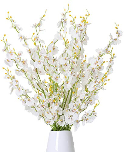 Kisflower 12Pcs White Artificial Orchids Flowers, Fake Dancing Orchids Bouquet Silk White Faux Bouquet for DIY Indoor Outdoor Wedding Party Home Kitchen Office Decoration