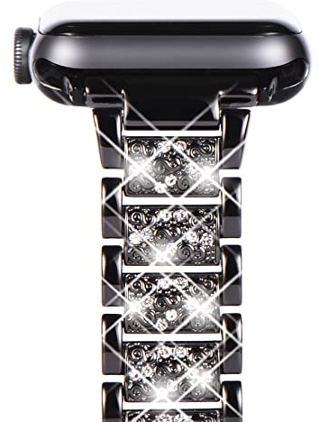 NewWays Compatible with Apple Watch Strap 38mm 40mm 41mm 42mm(Series 11/10),Women Sparkling Bling Stainless Steel Link Bracelet Replacement Band for iwatch Series 11/10/9/8/7/6/5/4/3/2/1/SE,Black