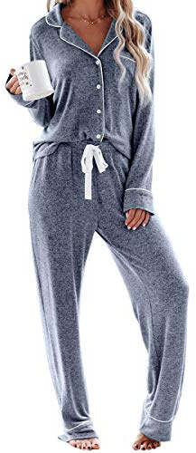 Aamikast Women's Pajama Sets Long Sleeve Button Down Sleepwear Nightwear Soft Pjs Lounge Sets (Small, Blue)