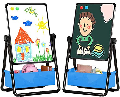 Kids Easel Foldable Easel with 29.5-44 in(74-112cm) Height Adjustable Standing Art Easel 360° Rotatable Double-Sided Whiteboard Chalkboard with Letters Numbers for Toddlers Boys Girls (Black)