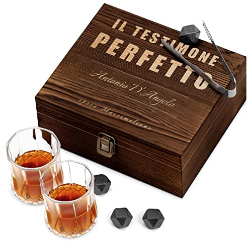 Maverton Set di Pietre da Whisky, cofanetto con incisione personalizzata | 8 cubetti di ghiaccio + 2 bicchieri, in granito, riutilizzabili, idea regalo uomo, regalo di Natale, testimone