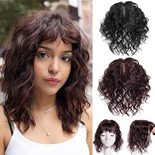 Eree Hair Lockiger Echthaar-Topper 11,9 x 14 cm U-förmiger Silikonboden, Haaraufsatz für Frauen mit dünnem Haar, gewellte Clip-in-Haarverlängerung, Top-Haarteil, Damen-Toupet, 25,4 cm, Rotbraun