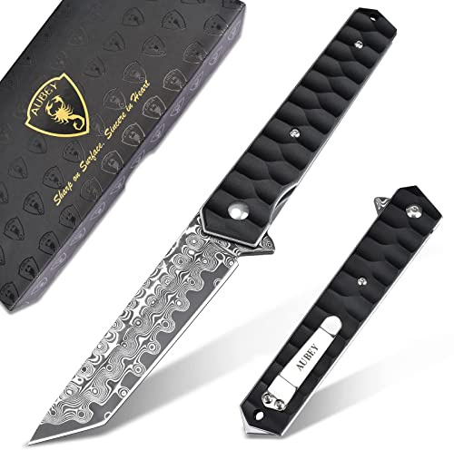AUBEY Damast Taschenmesser Klappmesser mit Clip, Damaststahl Klinge Tanto Messer mit Flipper, Liner Lock, Aluminium Griff, Glasbrecher, Geschenkbox - Einhandmesser für EDC Jagd Camping Sammeln
