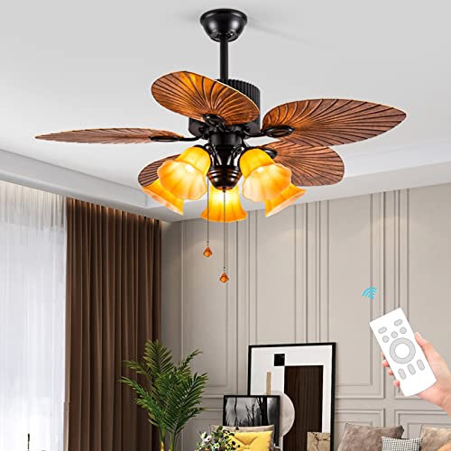 Ventilatore da soffitto a foglia vintage con luce,Ventilatore da soffitto industriale for portico,patio,cucina,camera da letto,agriturismo,con luci e telecomando,Motore CC reversibile silenzioso