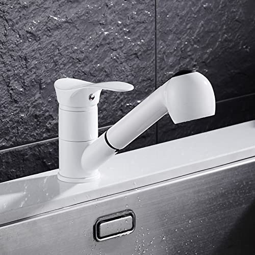 White Kitchen Tap with Pull Out Spray Brass Hot and Cold Water Single Hole Sink Tap