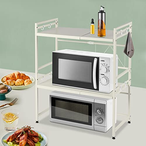 KenSyuInt 3 Tier Extendable Microwave Oven Rack Kitchen Shelf with 8 Hanging Hooks Kitchen Counter Organiser Storage Holder Stand Kitchen Table Shelf Free Standing Spice Rack (White)