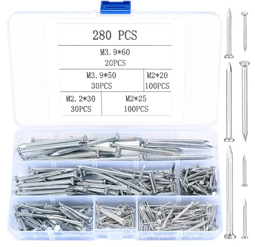 280 Stück Nägel Set, Stahlnägel für Bilder Nägel, Flachkopf Bildernägel, Rundkopf Betonnägel, Wandnagel Set zum Aufhängen Befestigung von Bildern Holzbearbeitung, für Trockenbau Kiefer - 5 Größen