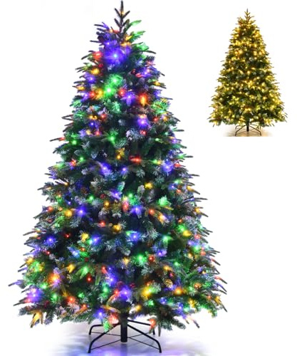 COSTWAY 5FT/6FT/7FT Pre-Lit Christmas Tree, Hinged Artificial Xmas Tree with 250/350/450 LED Lights, Dual-Color Changing, 11 Flash Modes, Pine Cones and Red Berries, Festive Party Decor (5FT)