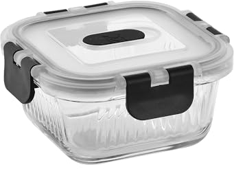 MasterPRO Foodies - Contenitore alimentare da 320 ml - realizzato in vetro borosilicato resistente - quadrati Tupperware con un respiro blashtake - design elegante - Microonde adatto