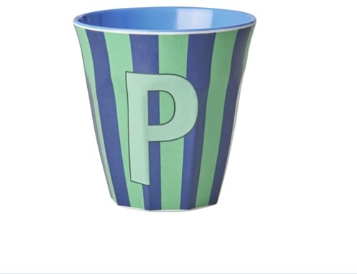 Rice Melamin Becher medium gestreift mit Buchstaben, Modell für Jungen blau/grün/mint- Töne, Größe 9 x 9 cm (P Junge)