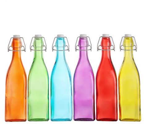 simpa Vintage Style Mix Colour Glass Bottles with Swing Top Lids. Square 500ml Bottles - Set of 6