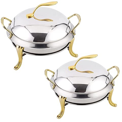RSBFER Chafing Dish Set of 2 Pcs Stainless Steel Round Buffet Servers Warmers with Food Pan, Fuel Holder and Lid for Restaurant Parties Weddings,Gold,22cm