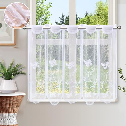 Heveer Scheibengardine Bistrogardine Halbtransparent Vorhänge Kurzstores Fensterschal mit Blumen Kurzgardine für Fenster Küche Wohnzimmer BxL 60 * 81cm