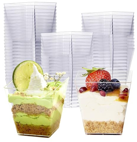 MATANA 96 Hartplastik Dessertschalen für Partys, Buffets (Quadratisch, 225ml) - Dessertgläser, Dessertbecher Eckig für Pudding, Nachtisch, Mousse, Tiramisu - Stabil & Mehrweg
