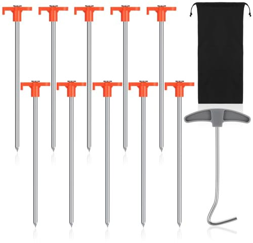 saerryor 10 Pack Tent Pegs Metal Heavy Duty Camping Pegs Hard Ground Tent Pegs Awning Pegs Rock Pegs for Awnings,Heavy Duty Tent Pegs for Hard Ground Hard Standing (with Bag,Peg Extractor)