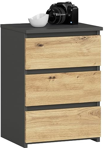 Kommode mit 3 Schubladen Kommode Schlafzimmer Flur Wohnzimmer Organizer Kommode mit Schubladen 40 cm breit 57 cm hoch | graphit-Artisan Eiche Holz Highboard Sideboard Mehrzweckschrank Schrank schmal