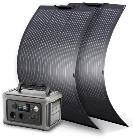 ALLPOWERS Tragbare Powerstation R600 mit 2x 100W Flexibles Solar Panel, 299Wh Solargenerator mit LiFeP04, Schnellladung in 1 Stunde, bis zu 600W Leistung, Balkonkraft für Notstrom/Camping/Wohnmobile