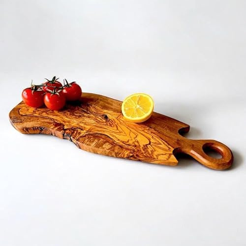 Handcrafted Olive Wood Cutting and Serving Board with Handle | Rustic Natural Edge Charcuterie Platter, Cheese Board, and Kitchen Decor | Durable Eco-Friendly | Unique Grain Pattern (35 cm)