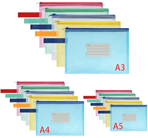 OFFCUP A3 A4 A5 filpåsar, 15 stycken vattentät dragkedja, mesh-dokumentpåse, bärbar dokumentpåse, plastpåse för kosmetiska kontor, resetillbehör