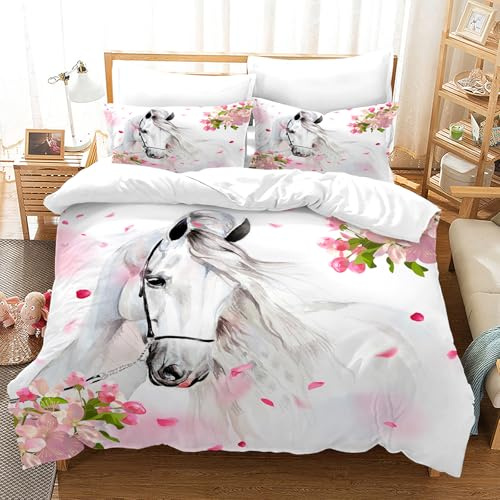 AVJWWD Bedding Duvet Cover Set 3D Print Horse Quilt Cover Bedding Sets 135×200cm, Animal Horse Print Microfibre Duvet Cover Set with 2 Pillowcases 50 ×75cm,for Boys Girls (H 01, 135x200cm)