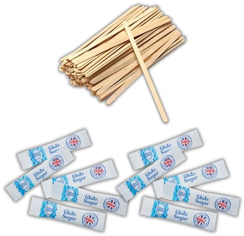 200 White Sugar Sticks & 100 Wooden Coffee Stirrers, Disposable & Eco-Friendly 140mm – Silverspoon Sugar Sachets, Granulated Sugar, Stirring Sticks for Hot Drinks – Espresso Yourself