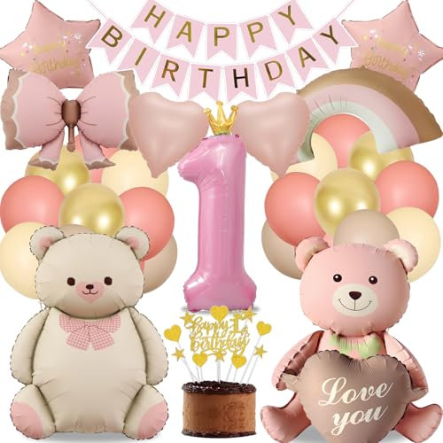 Decoracion Cumpleaños Niña 1 Año, Globo de Cumpleaños 1 Año Oro Rosa Vintage, XXL Globo Arco, Ositos Cariñosos, Arcoíris, Infantil Decoraciones 1 Año Tartas y Bandera (Kit Cumpleaños Niña 1 Año)