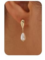 Plenky Pearl Earrings-14K Gold Plated Dangle Pearl Earrings for Women Simple Wedding Earrings for Brides Cute Water Drop Dangling Earrings Gifts