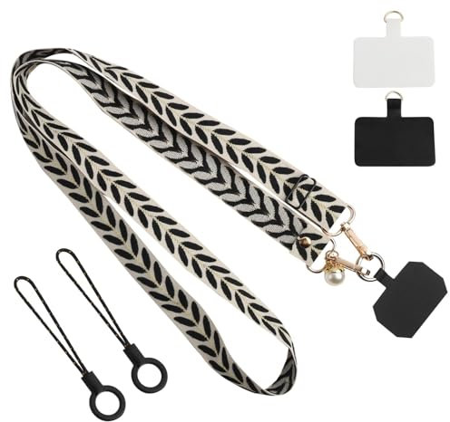 KeyQueen Catena per Cellulare Cinturino Regolabile Telefono Universale Tracolla, Cordino per Cellulare Donna da Polso con 2 Toppa, Laccio da Tracolla per Tutti Gli Smartphones (Nero)