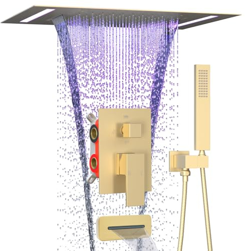 Brushed Gold Brass 14x20 in Shower System with Up Down Adjustable Tub Spout | LED 2 Functions Ceiling Mount Rain Waterfall Shower Head, Square Handheld, Bath Tap, 4 Way Concealed Shower Valve Mixer Set