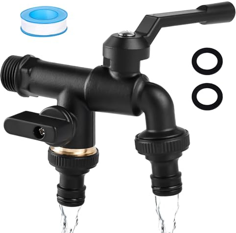 PORFOYO Double Robinets de Jardin 3/4 Résistant au Gel, Double Sorties Indépendantes, Bandes d'Étanchéité à Rouleau, Pour Jardin, Machine à Laver, Citerne d'Eau de Pluie