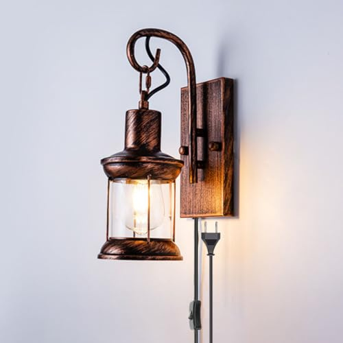 LOGT Antike Wandleuchte mit Stecker Kabel Schalter Wandlampe Glas und Aluminium Vintage Wandbeleuchtung Veranda Beleuchtung Wand Lampe Retro Rustikale für Innen Schlafzimmer Wohnzimmer Freien