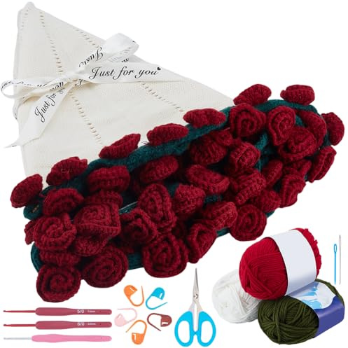 FREEBLOSS Kit de Bouquet de Fleurs au Crochet Couverture de Bouquet de Roses Faite à la Main Kit de Crochet pour Adultes Couvertures Tricotées pour Cadeau D'Anniversaire Décoration D'Intérieur