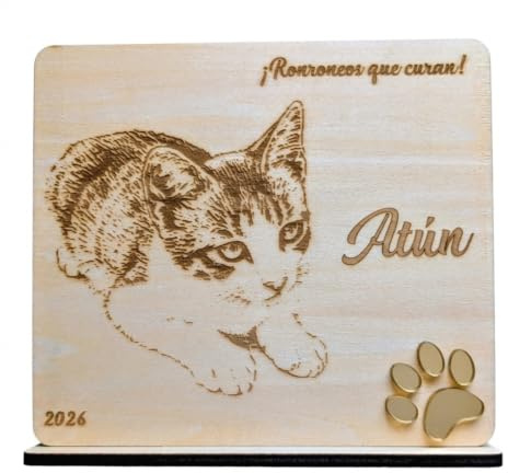 Genérico Ideas CAÓTICAS | Placa Madera grabada y Personalizada con Foto de tu Mascota. 16x14 cm. Detalles en acrílico Espejo de Color a Elegir. Personaliza el Nombre y la Frase. Fabricado en España.