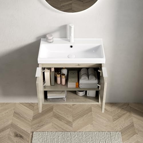 ComfortXL Meuble lavabo Suspendu 55cm avec Vasque céramique Blanche Armoire Double Portes Ouverte étagère Bois chêne crème Salle de Bain Moderne Compact Facile à Installer