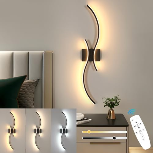 Goeco Applique LED da Parete Interni Dimmerabile, 32W 80 CM Luci da Parete Lunga con Telecomando 3000K/4000K/6500K, Lampada Soggiorno con 2 Luminosi Ondulati per Soggiorno, Camera da Letto, Nero