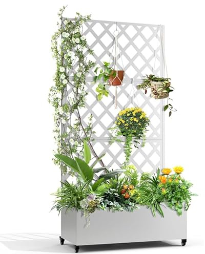 Creperture Pflanzkübel mit Sichtschutz, Metall-Hochbeet mit Spalier, Spalier Pflanzkasten mit Drainagelöchern und Feststellbaren Rollen Blumenkästen für Garten, Terrasse, Balkon, 45x119x183cm,Weiß, B