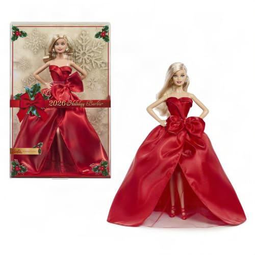Barbie Signature 2026 Collectible Holiday Doll and Doll Stand | Blonde Hair Fashion Doll, Wearing Red Gown with Bow in Displayable Packaging, Ages 6+
