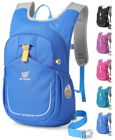SKYSPER Barnryggsäck 15 L, lätt vandringsryggsäck barn med hydreringsfack och säkerhetvisselpipa, ryggsäck barn från 7–14 år för camping, vandring och dagsutflykter, blå, IKIEX15-C, Ryggsäck