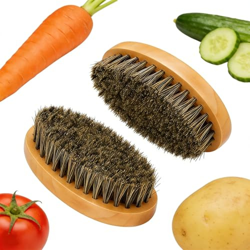 2 Stück Gemüsebürste 11,5 x 5,5 cm, praktische Spülbürste aus Holz für Kartoffeln, Karotten und Obst, vielseitige Küchenbürste zum gründlichen Reinigen von Gemüse und Obst