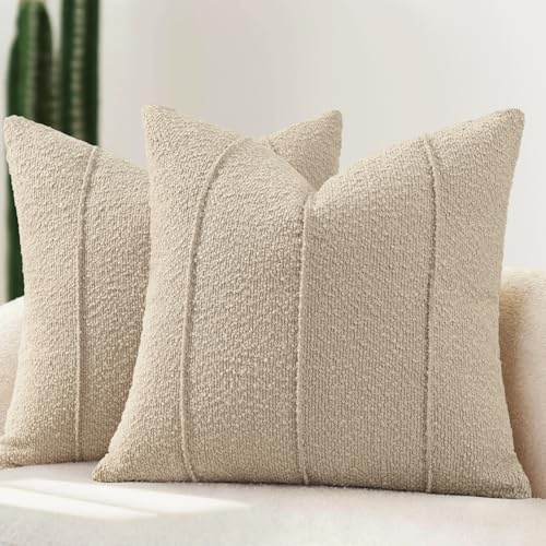 YCOLL Bouclé Kissenbezug 40x40 2er Set, Weiche Struktur Kissenbezüge mit Streifen, Moderne Kuschelige Dekokissen für Sofa, Couch & Bett, Kissenhüllen für Wohnzimmer, Haferfarben