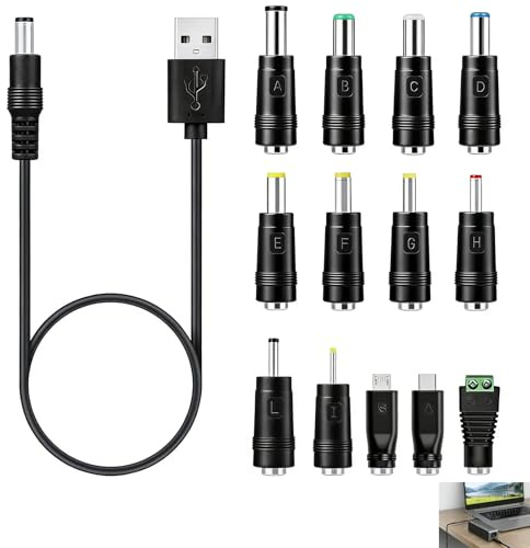 Cavo di alimentazione universale da USB a DC, cavo USB 5 V a DC 5,5 × 2,1 mm con 13 adattatori intercambiabili, cavo universale da USB a jack per router fotocamera altoparlante mini PC elettronico 5 V