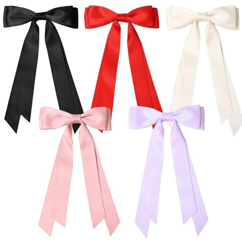Cute Satin Ribbon Bowknot Hair Bows Clip with Clamps for Girls,5Pcs | Made Of Satin And Metal, Reusable Large Size Suits Hair Types And Styles, Non-Slip Hair Accessories for Daily Party Birthday
