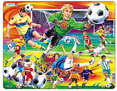 Larsen US22 Action auf dem Fußballplatz Puzzle – 65 Teile – Kinderpuzzle ab 6 Jahren – Lernspiel & Spaß – Boxless Tray & Rahmen – Hergestellt in Norwegen