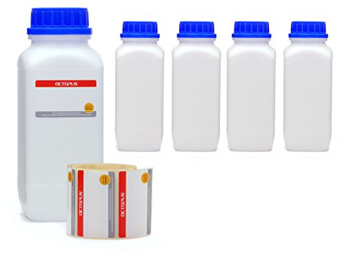 Octopus 5 Weithalsflaschen 1 Liter aus HDPE, UN-zugelassen | Robuste Gefahrgutflasche für größere Mengen, chemikalienresistent und bruchfest für Labor und Werkstatt